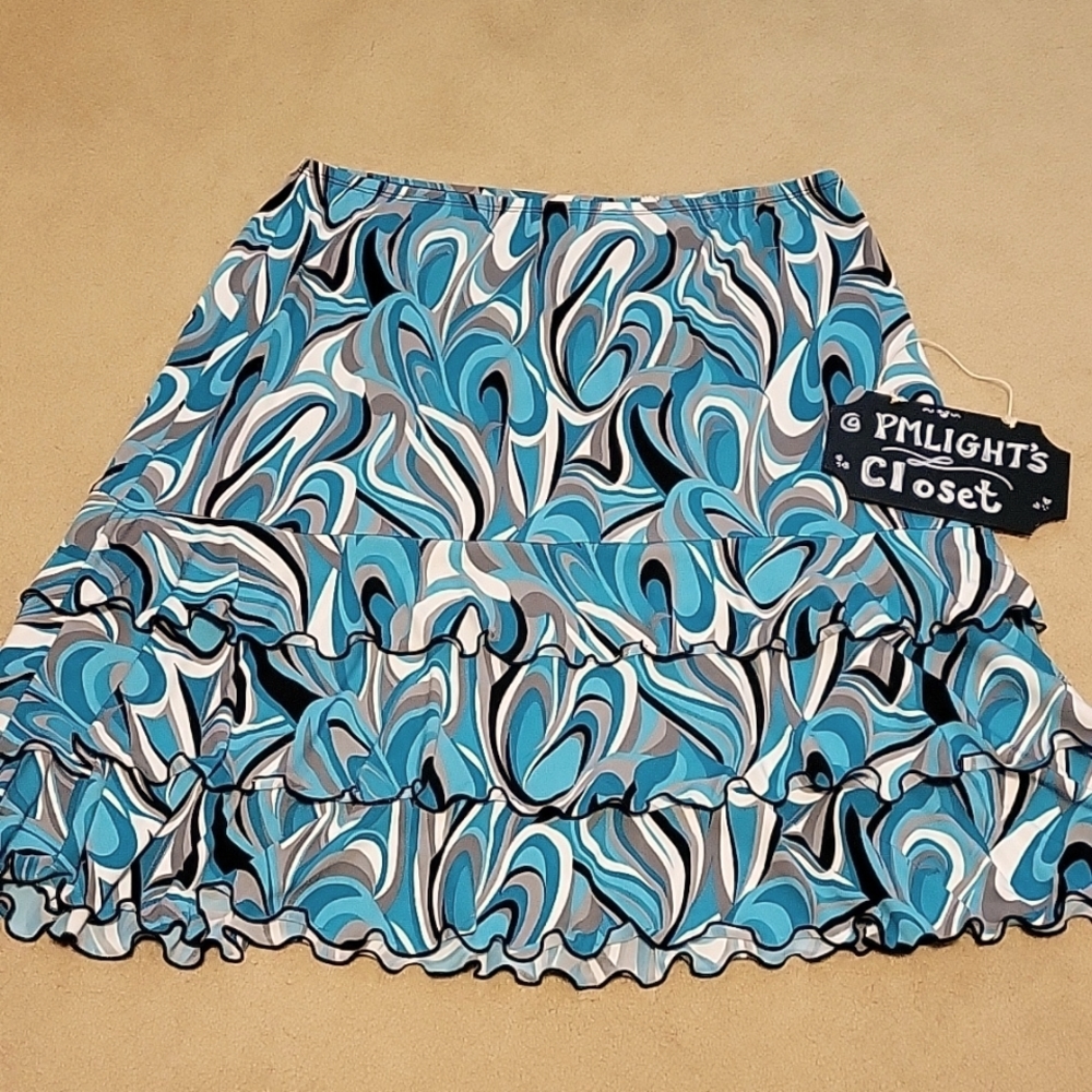 Cato Skirt Large Teal Blue Gray White Black Swirl